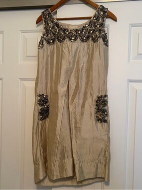 Gold Hawk Silk Lined Babydoll Mini Dress with Metal and Sequin Embellishment, XS